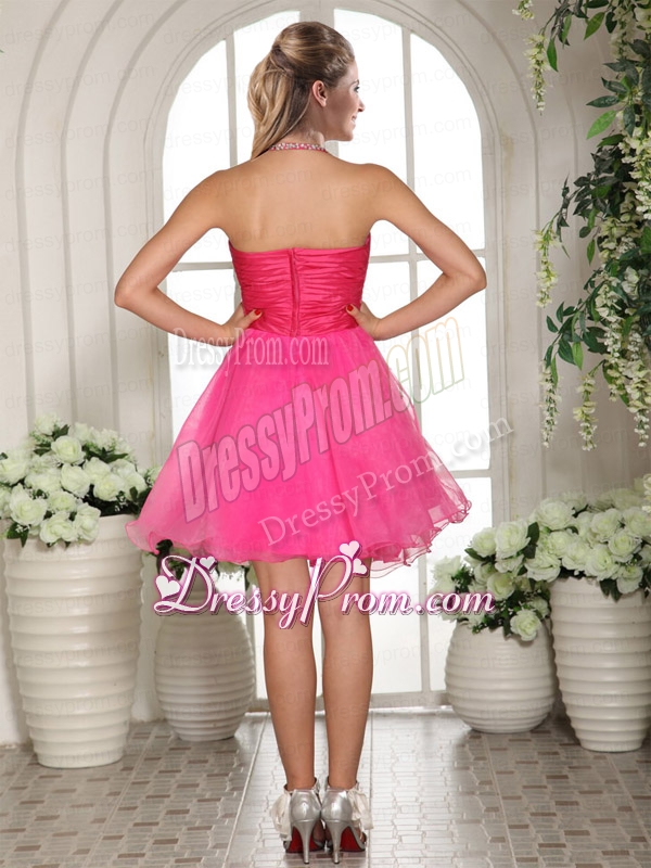 Beaded Halter Spaghetti Straps Knee Length Hot Pink Prom Dress