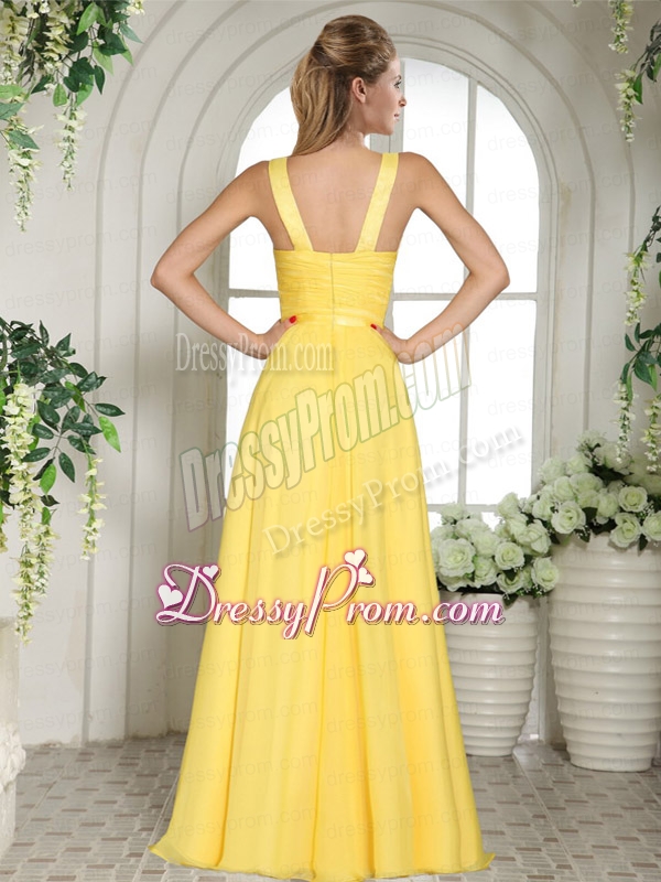 Yellow Straps Chiffon V Neck Prom Dress with Appliques and Ruching