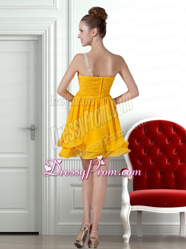 Cute Beading and Ruching Empire One Shoulder Prom Dress in Gold