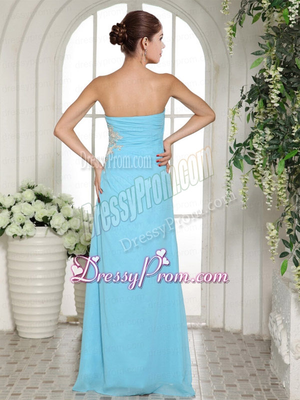 Empire High Slit Strapless Baby Blue Prom Dress with Ruches and Appliques