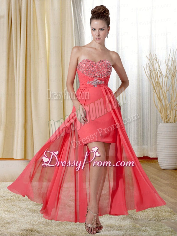 Fashionable Beading and Ruching Column Sweetheart Prom Dress in Watermelon Red