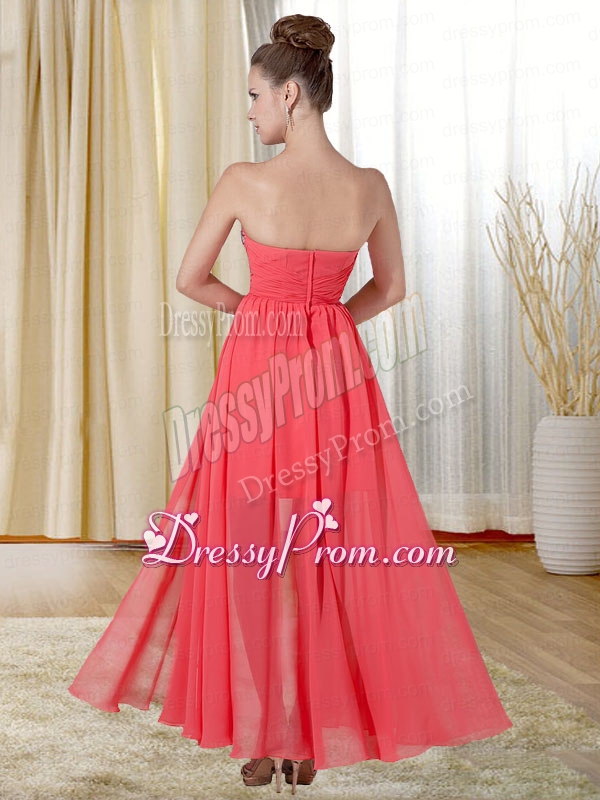 Fashionable Beading and Ruching Column Sweetheart Prom Dress in Watermelon Red