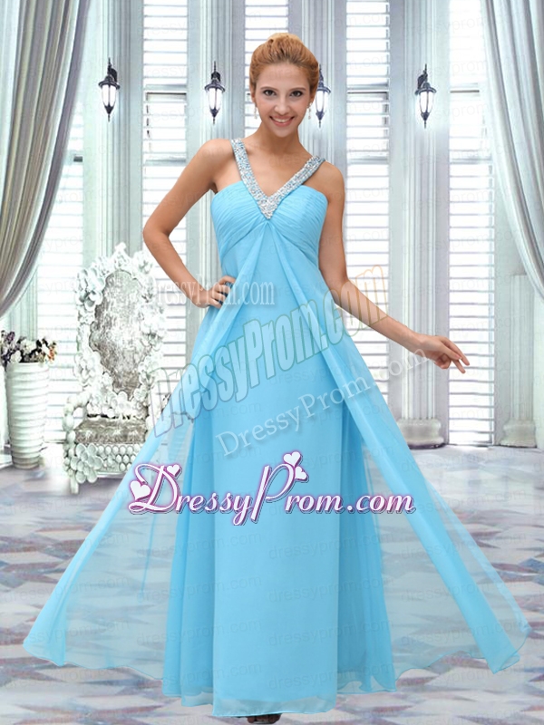 Graceful Aqua Blue V Neck Empire Sleeveless Prom Dress with Beading