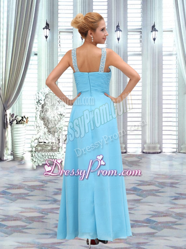Graceful Aqua Blue V Neck Empire Sleeveless Prom Dress with Beading