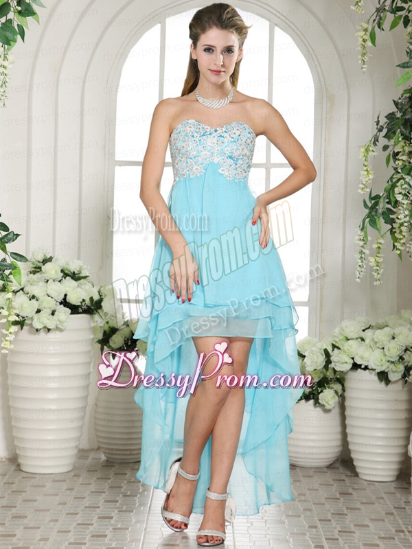 Modest Sweetheart High Low Appliques Aqua Blue Chiffon Prom Dress