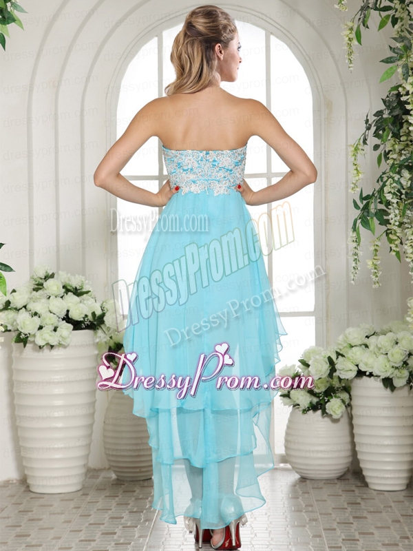 Modest Sweetheart High Low Appliques Aqua Blue Chiffon Prom Dress