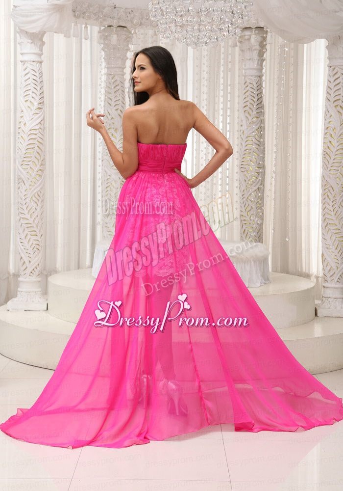 Pleating High Low Hot Pink Sashed Strapless Prom Dress with Lace