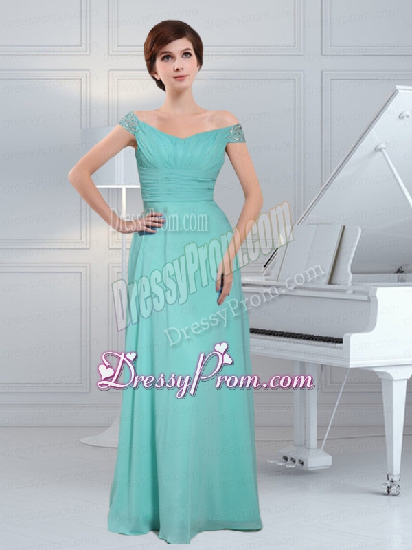 Simple Aque Blue Off The Shoulder Prom Dress With Beading and Ruching