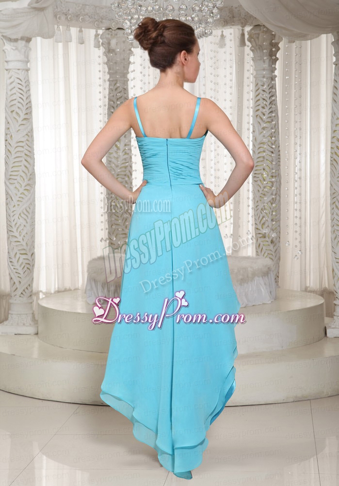 Spaghetti Straps Aqua Blue Chiffon High Low Prom Dress with Beading