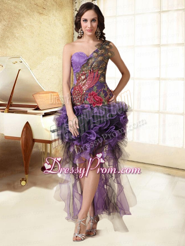 Exclusive High Low Column Appliques One Shoulder Prom Dress in Purple