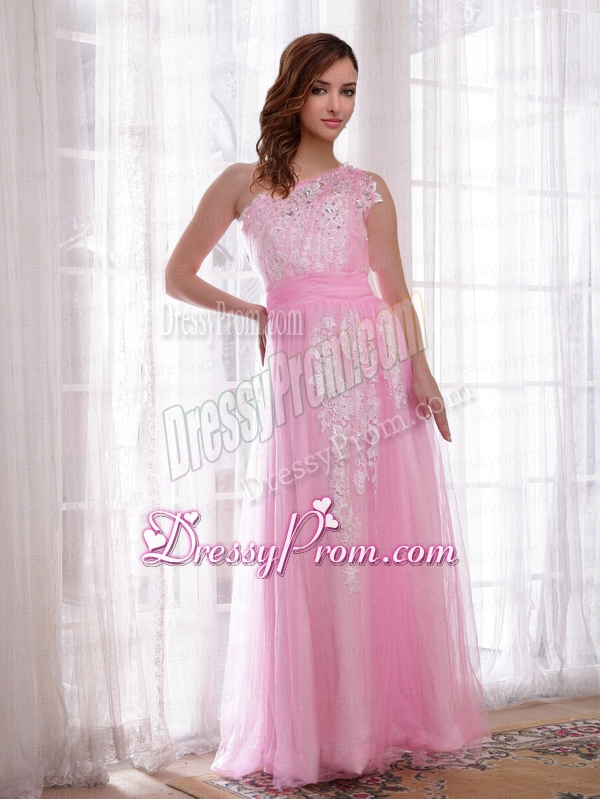 Tulle and Taffeta Embroidery and Rhinestones Column One Shoulder Evening Dress in Pink