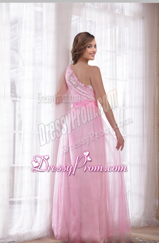 Tulle and Taffeta Embroidery and Rhinestones Column One Shoulder Evening Dress in Pink