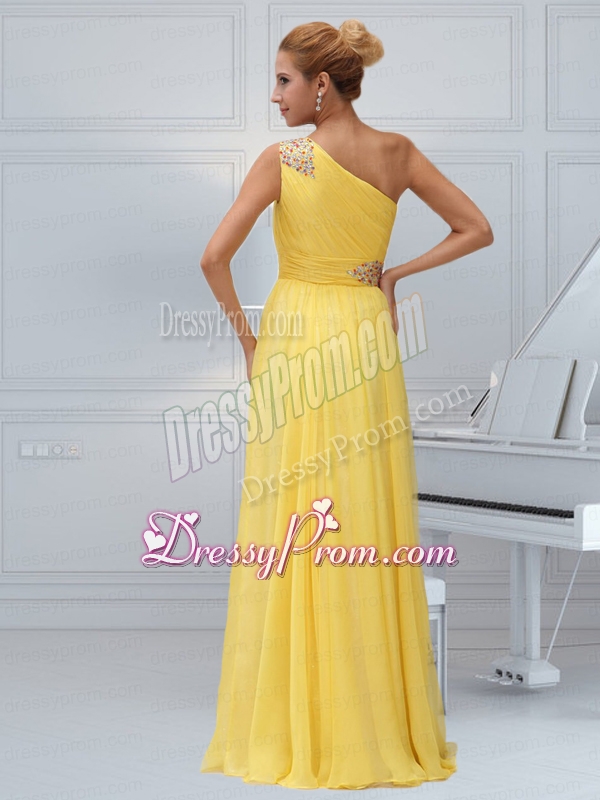 Yellow Chiffon One Shoulder Empire Beading and Ruching Prom Dress