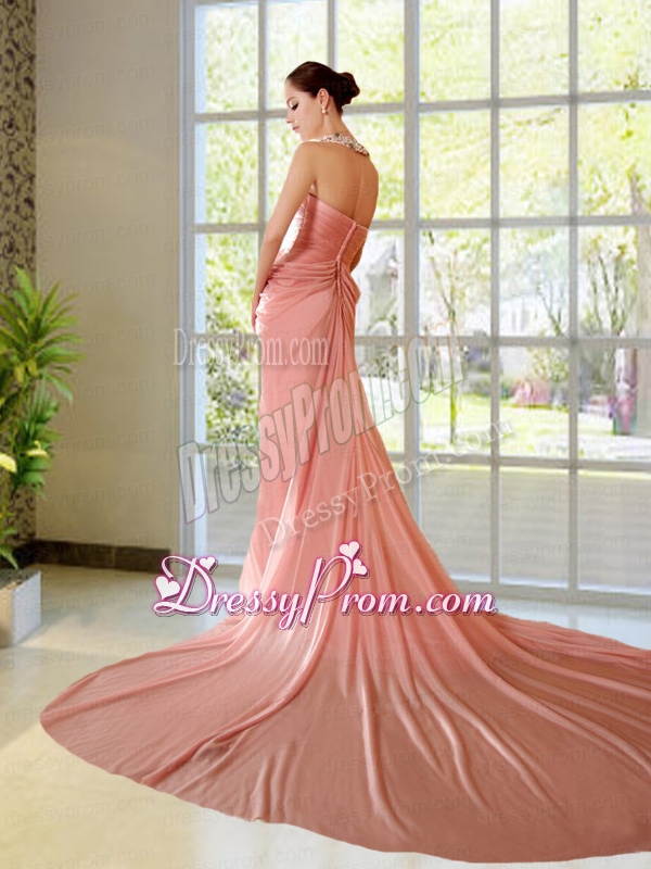 Beading and Ruching Halter Chiffon Column Chapel Train Prom Dress