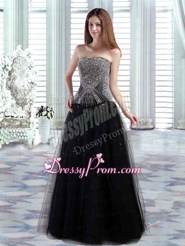 Black Column Floor Length Beading Prom Dress with Strapless