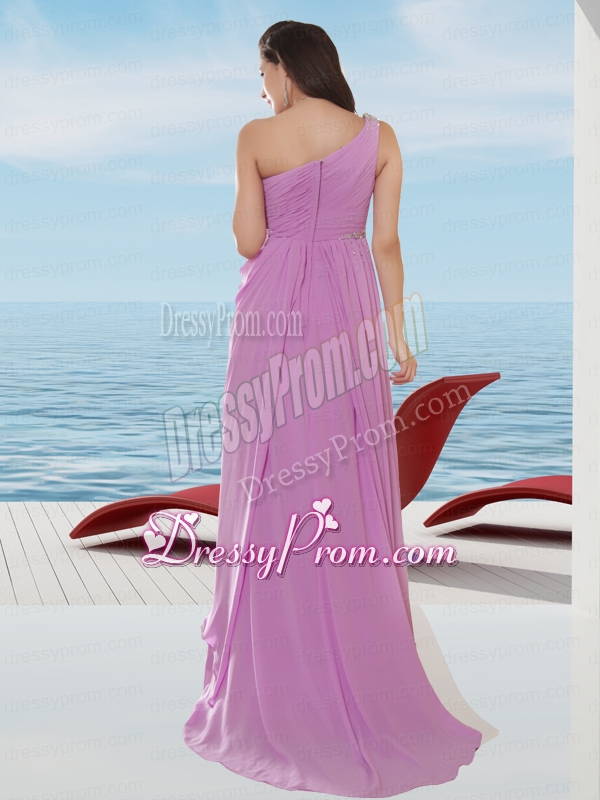 Chiffon Empire One Shoulder Lavender Prom Dress with Ruching and Beading