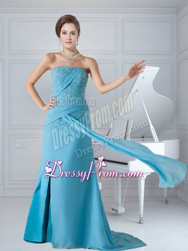 Column Strapless Aqua Blue Chiffon Beaded and Ruched Prom Dress with Brush Train