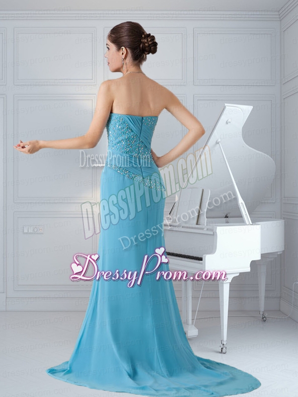 Column Strapless Aqua Blue Chiffon Beaded and Ruched Prom Dress with Brush Train