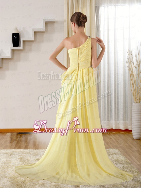 Elegant Column One Shoulder Brush Train Beading Prom Dress in Yellow