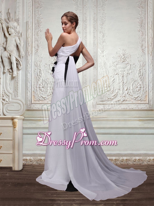 Empire One Shoulder Watteau Train Prom Dress in White and Black