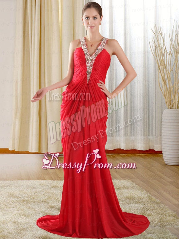 Fashionable Halter Beading Red Prom Dress with Chapel Train