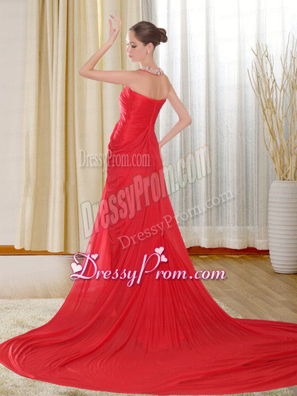 Fashionable Halter Beading Red Prom Dress with Chapel Train