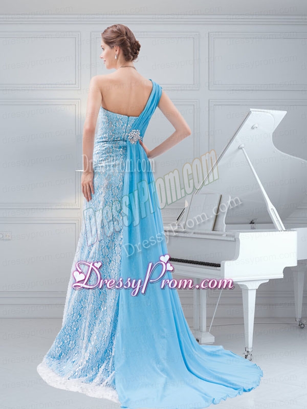 Suitable Empire Brush Train Baby Blue One Shoulder Beading Prom Dress