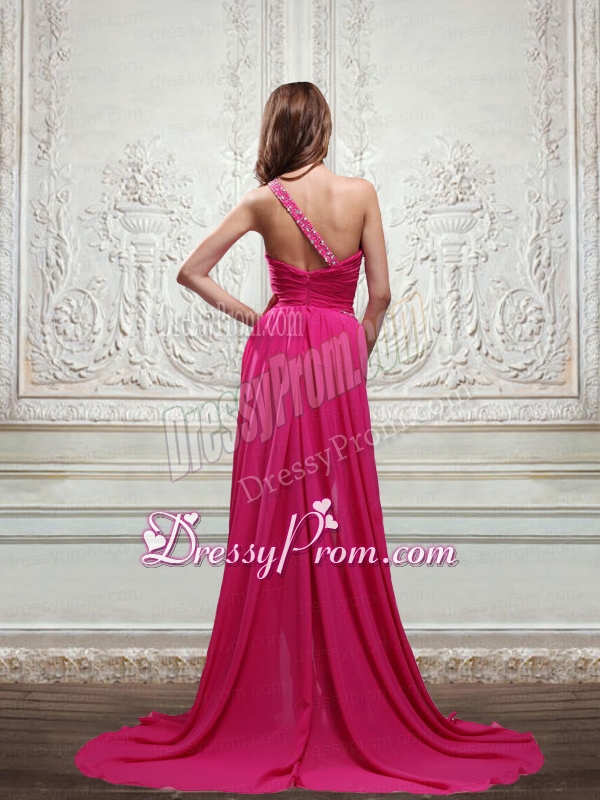 Sweet One Shoulder Beading Hot Pink Prom Dress with Brush Train