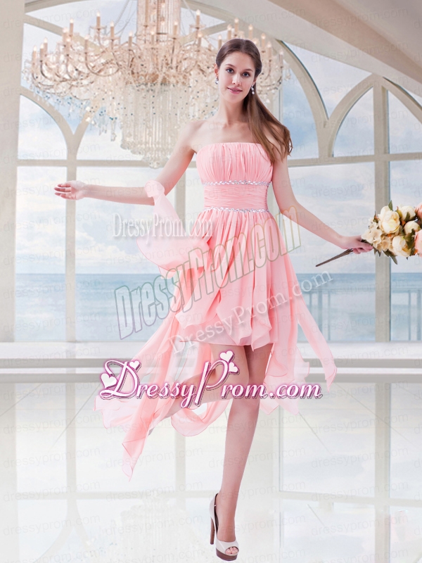 Watermelon Red Empire Chiffon Strapless Asymmetrical Prom Dress