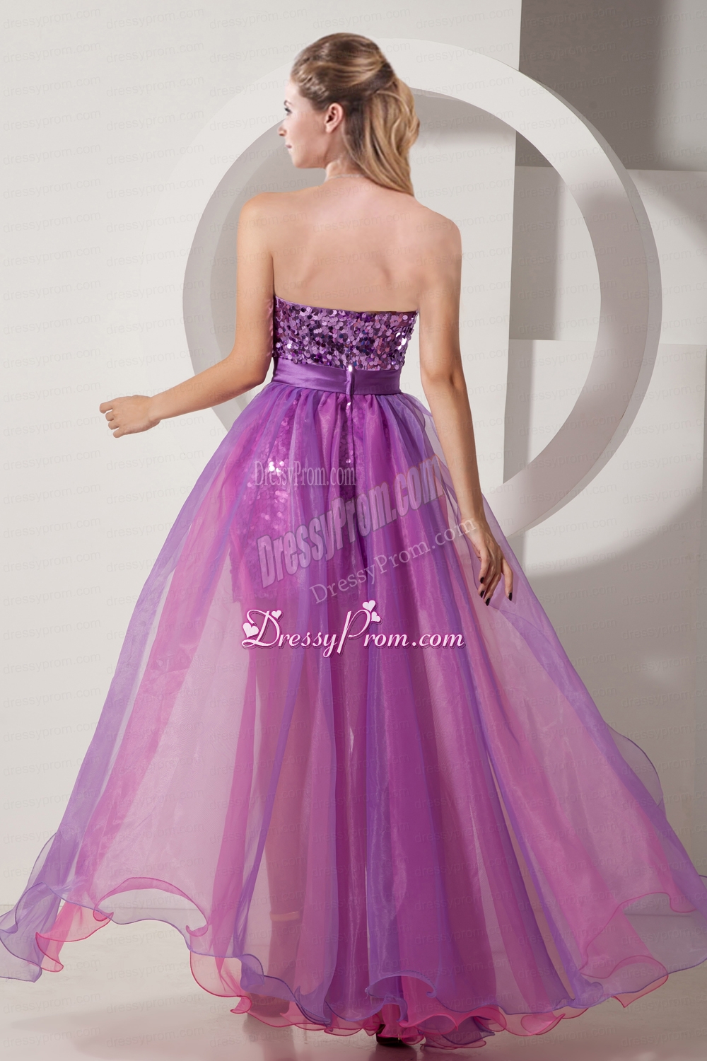 2015 Purple and Pink Column High Low Bow knot Sequins Prom Dress