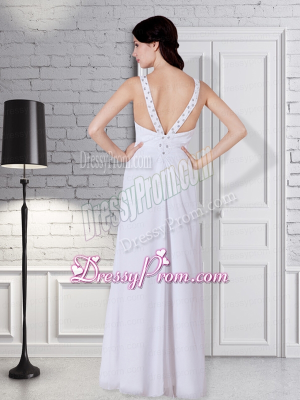 Affordable White Chiffon Empire Beading and Ruching Straps Prom Dress