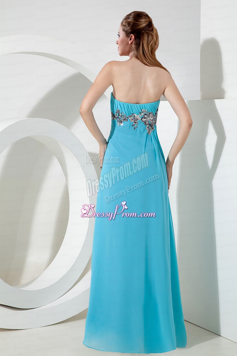 Aqua Blue Empire Chiffon Strapless Sequins Prom Dress with Floor Length
