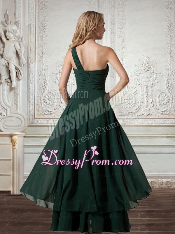 Cheap Chiffon One Shoulder Dark Green Prom Dress with Zipper