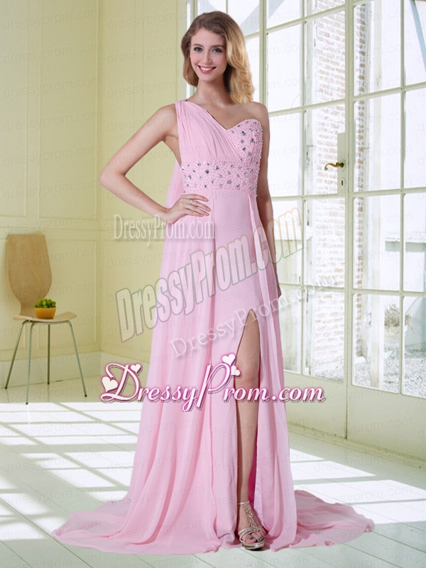 Elegant Pink One Shoulder Prom Dress with Beading and Watteau Train