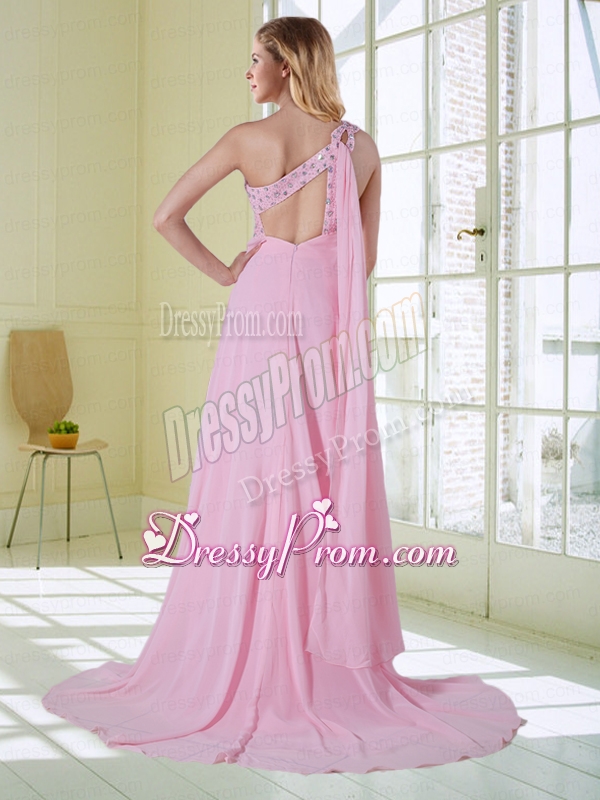 Elegant Pink One Shoulder Prom Dress with Beading and Watteau Train