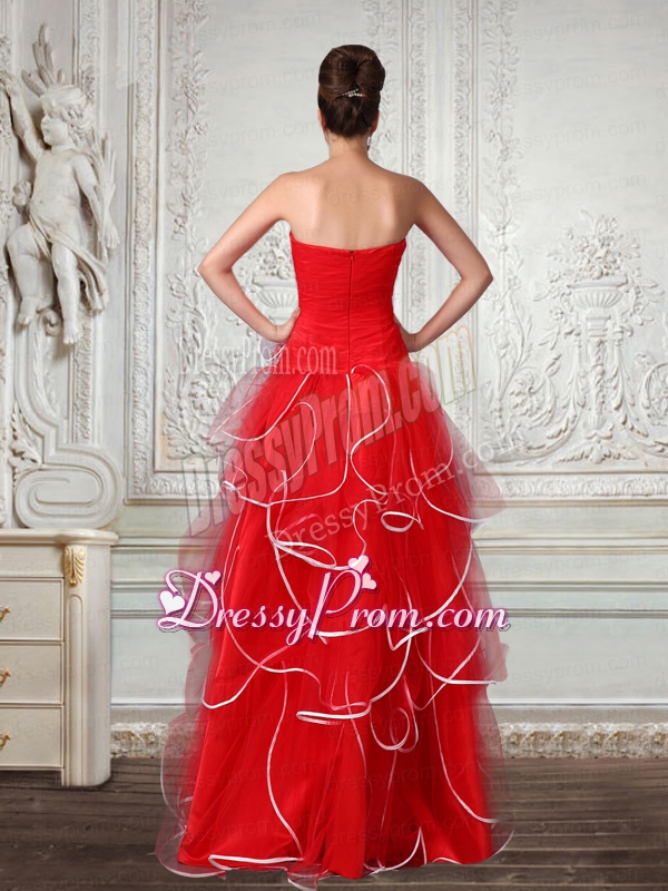 Red Floor Length Strapless Ruching A Line Prom Dress for 2015