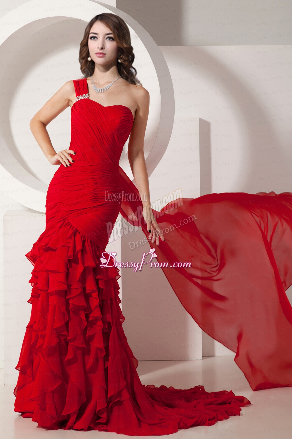 Red Mermaid Watteau Train Ruffled Layers Gorgeous Chiffon Prom Dress with One Shoulder