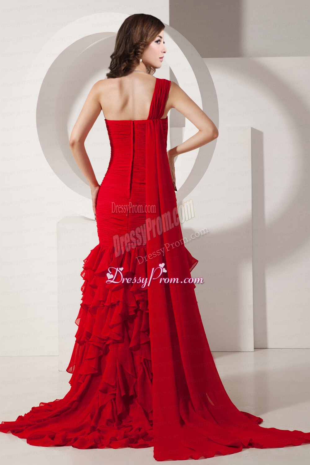 Red Mermaid Watteau Train Ruffled Layers Gorgeous Chiffon Prom Dress with One Shoulder