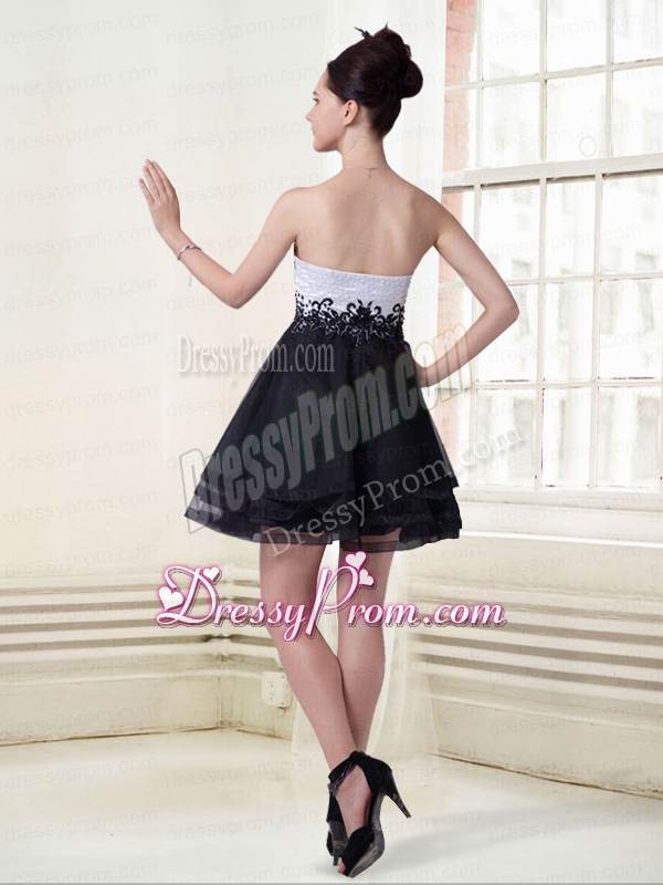 Short Sweetheart Organza A Line Appliques Prom Dress in Black and White