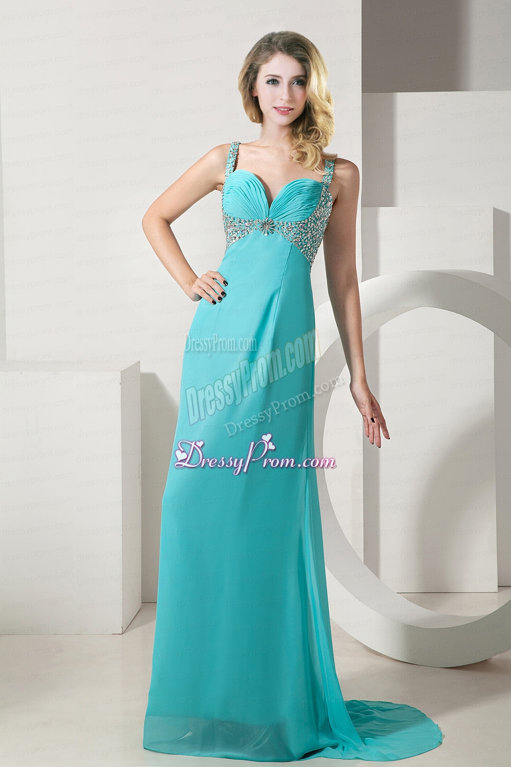 Turquoise Column Straps Brush Train Chiffon Beading Prom Dress