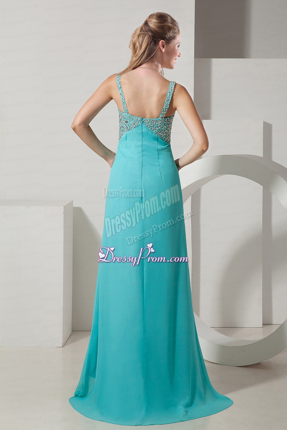 Turquoise Column Straps Brush Train Chiffon Beading Prom Dress