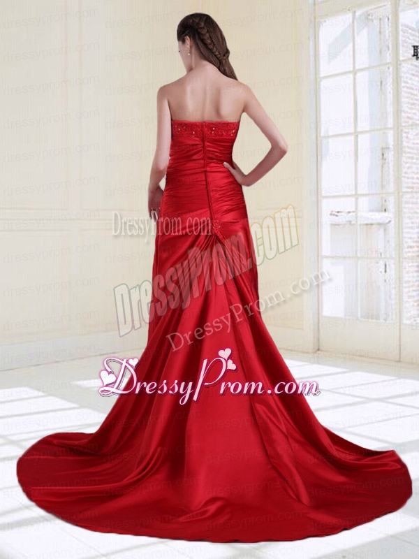2015 Column Strapless Beading Ruching Prom Dress with Court Train