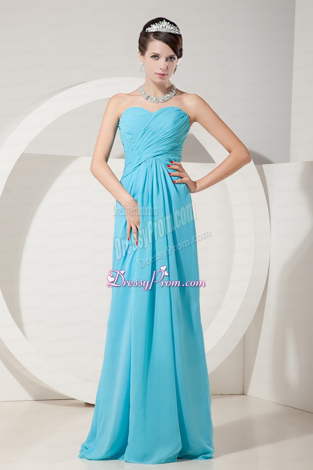 2015 Elegant Baby Blue Empire Sweetheart Ruch Chiffon Prom Dress