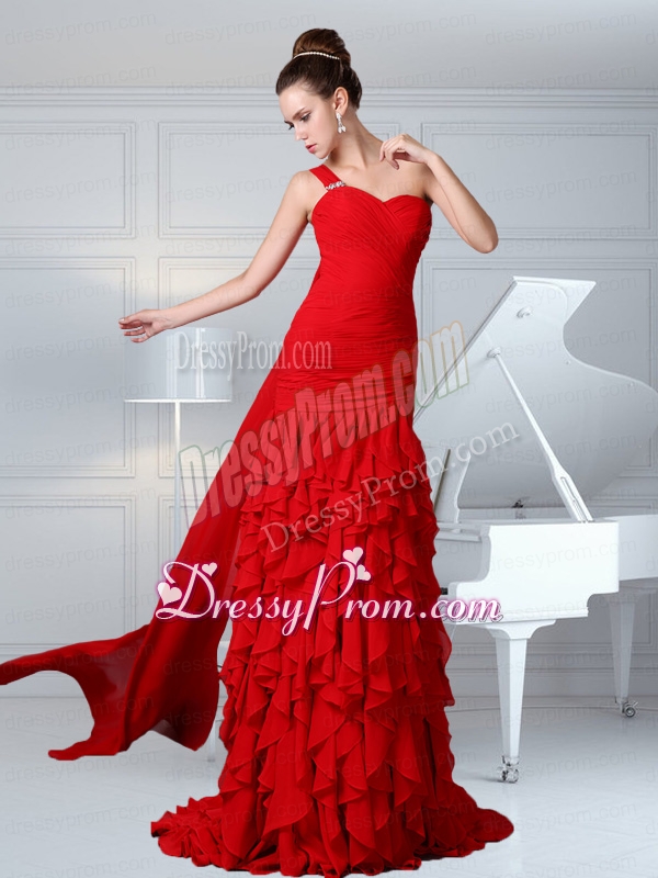 2015 One Shoulder Ruching Column Chiffon Watteau Train Prom Dress in Red