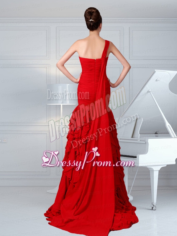 2015 One Shoulder Ruching Column Chiffon Watteau Train Prom Dress in Red