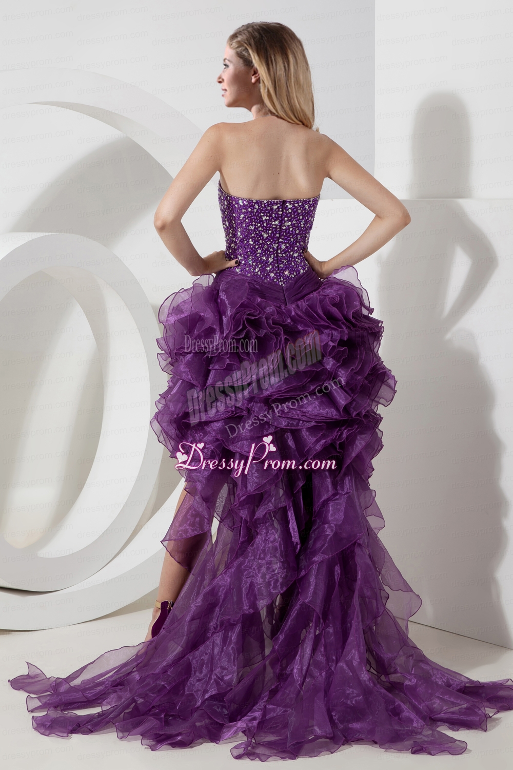 2015 Unique Purple High Low Beading Organza Evening Dress with Brush Train