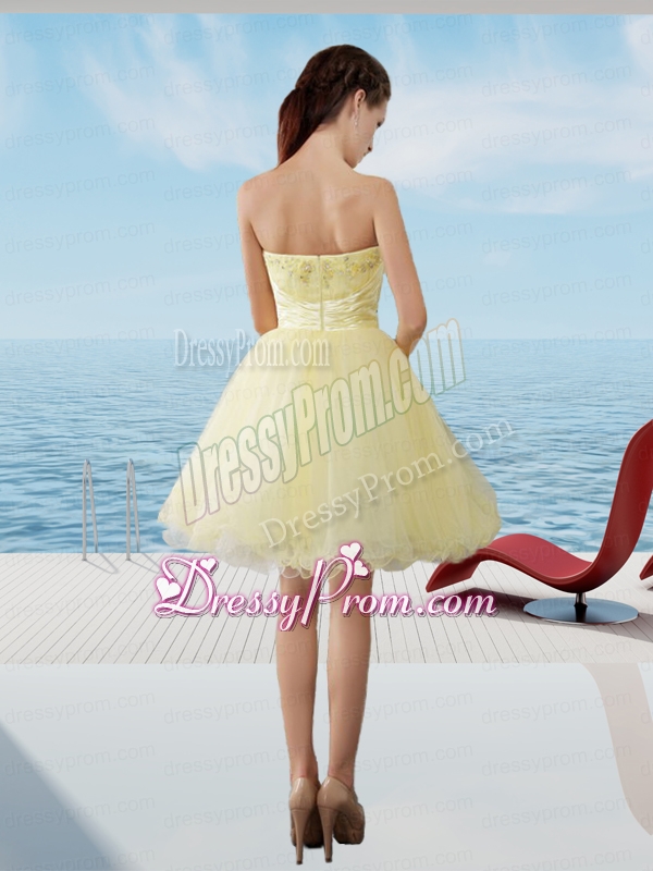 A Line Strapless Mini Length Organza Beading Prom Dress in Light Yellow
