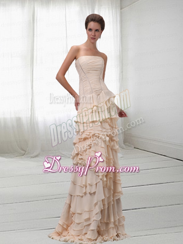 Modest Chiffon Champagne Strapless Layered Ruffles Prom Dress with Brush Train