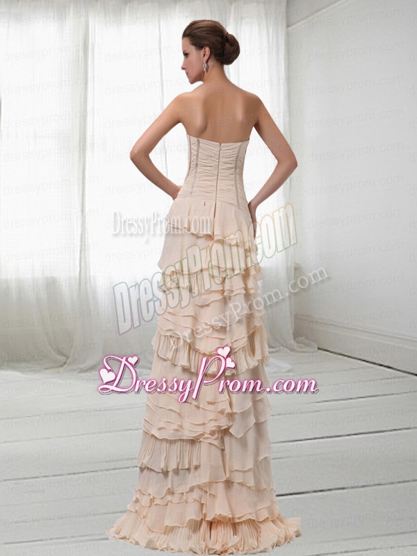Modest Chiffon Champagne Strapless Layered Ruffles Prom Dress with Brush Train