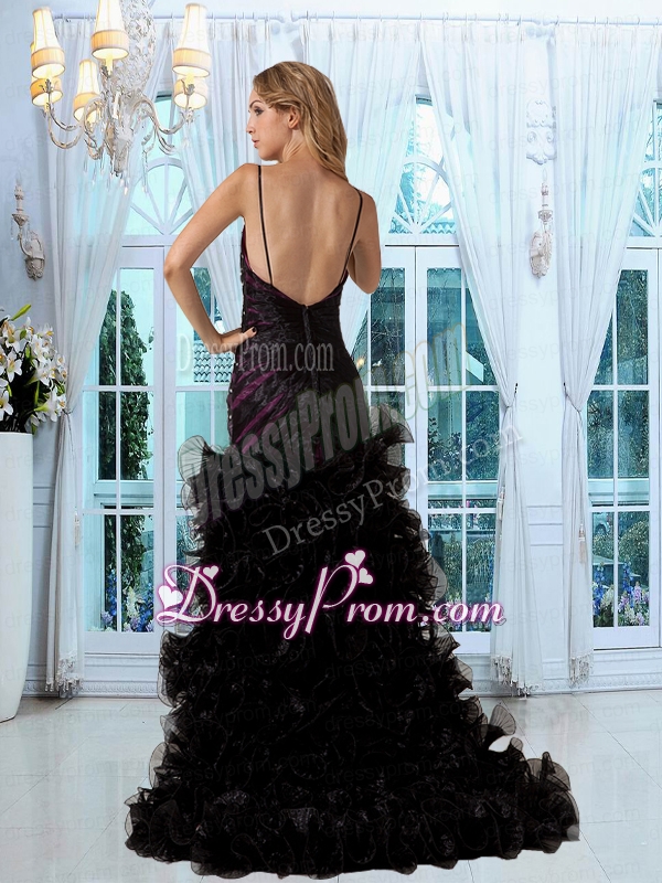 Noble High Low Straps Black Prom Dress with Beading and Ruching